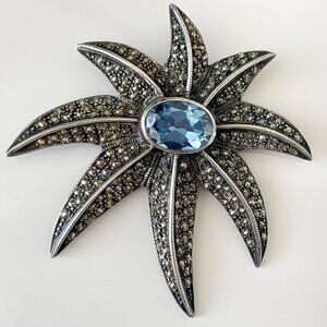 Vintage Sterling Silver Starburst Flower Brooch Blue Topaz & Marcasite Gemstones